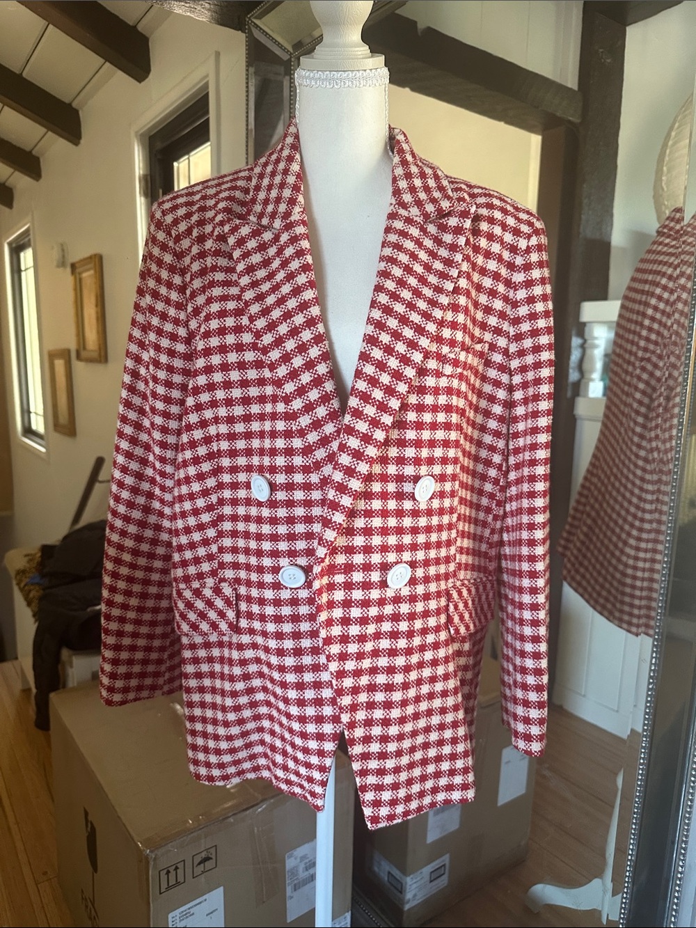 Topshop Red & White Houndstooth Double-Breasted Blazer